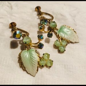 Vtge Painted Leaf Rhinestone Gold Tone Earrings